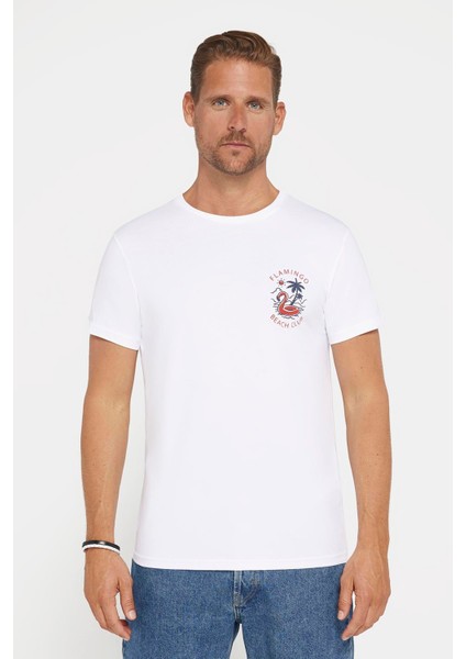 Erkek Slim Fit Dar Kesim %100 Pamuk Yumuşak Dokulu Baskılı Beyaz Bisiklet Yaka T-Shirt fiyatları
