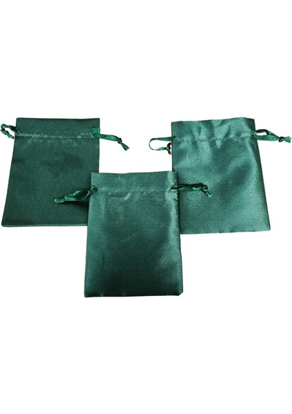 Saten & Parlak Kese Yeşil 10 Adet 9X12 cm Takı, Altın Kesesi (Ipli & Büzgülü)