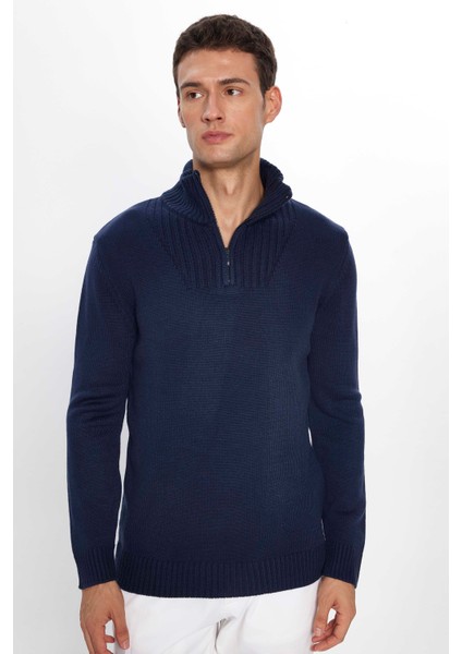 Erkek Slim Fit Dar Kesim Armürlü Fermuarlı Lacivert Dik Yaka Kazak fiyatları