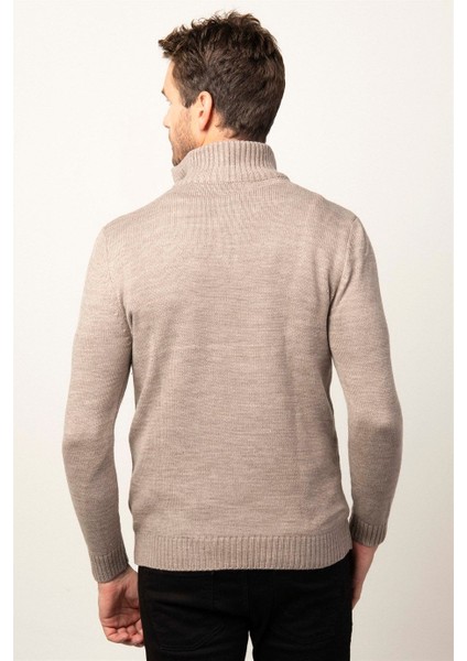 Erkek Slim Fit Dar Kesim Armürlü Fermuarlı Kahve Dik Yaka Kazak fırsatları