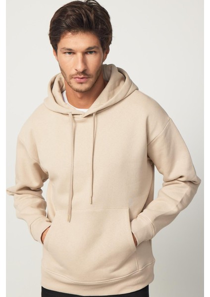 Oversize Geniş Kesim Pamuklu Yumuşak Dokulu Içi Polarlı Basic Bej Kapüşonlu Sweatshirt fiyatları