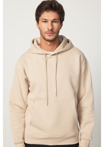 Oversize Geniş Kesim Pamuklu Yumuşak Dokulu Içi Polarlı Basic Bej Kapüşonlu Sweatshirt modelleri