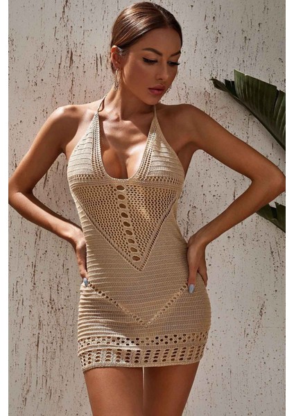 Boyundan Bağlamalı Etnik Desenli Örme Pareo Plaj Elbisesi