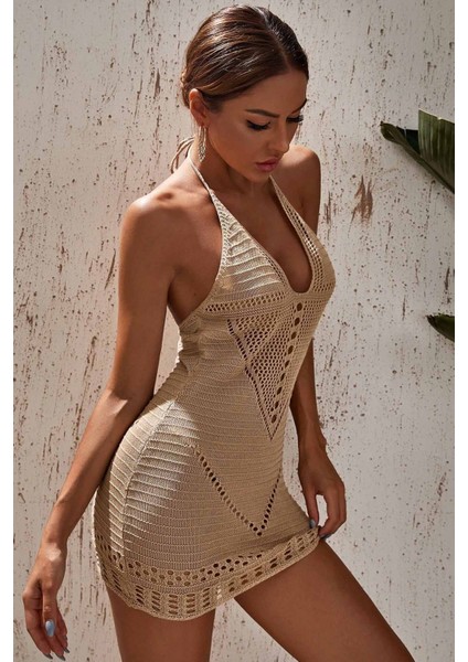 Boyundan Bağlamalı Etnik Desenli Örme Pareo Plaj Elbisesi modelleri