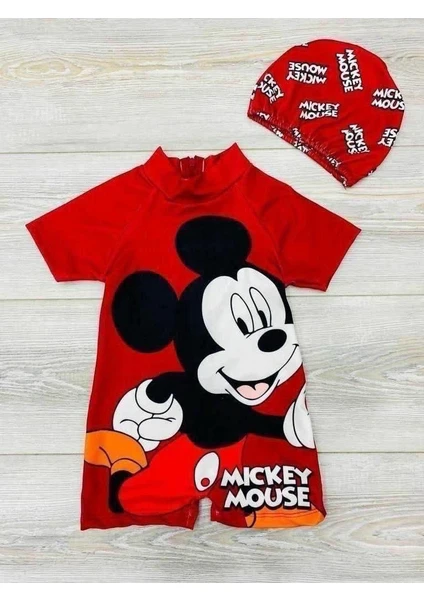 Erkek Bebek ve Çocuk Mickey Mouse Desenli Kısa Kollu Hızlı Kuruyan Şık Mayo ve Bone Takımı