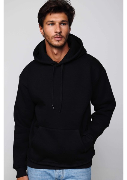 Oversize Geniş Kesim Pamuklu Yumuşak Dokulu İçi Polarlı Basic Siyah Kapüşonlu Sweatshirt