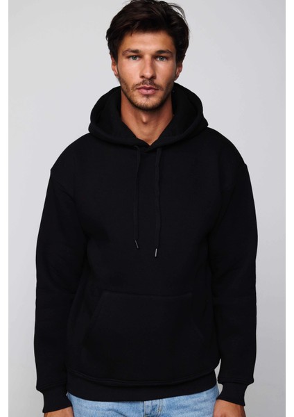Oversize Geniş Kesim Pamuklu Yumuşak Dokulu İçi Polarlı Basic Siyah Kapüşonlu Sweatshirt modelleri