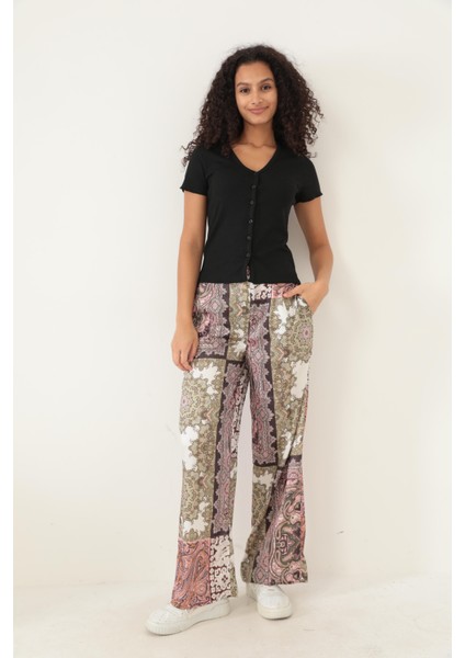 Siyah Fitilli Görünümlü V Yaka Önden Düğmeli Basic Kadın T-Shirt- 2417