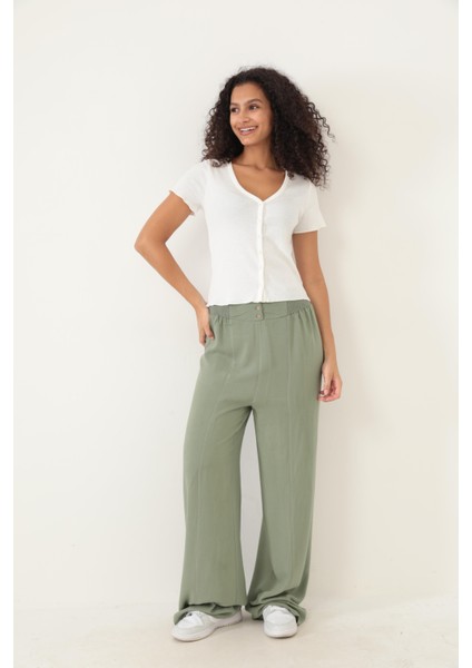 Beyaz Fitilli Görünümlü V Yaka Önden Düğmeli Basic Kadın T-Shirt- 2417 modelleri