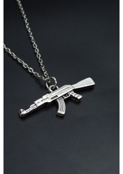 Pubg Keleş Ak-47 Kalaşnikof Gümüş Kaplama Unisex Düz Zincir Kolye kod 927
