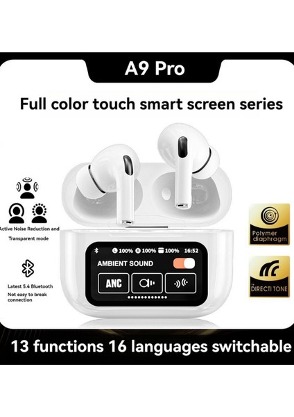 A9 Pro Anc Dokunmatik Dijital Ekranlı Aktif Gürültü Engelleme Bluetooth Kulaklık Şeffaf Mod Enc/anc