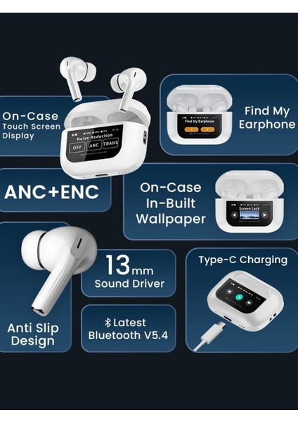 A9 Pro Anc Dokunmatik Dijital Ekranlı Aktif Gürültü Engelleme Bluetooth Kulaklık Şeffaf Mod Enc/anc