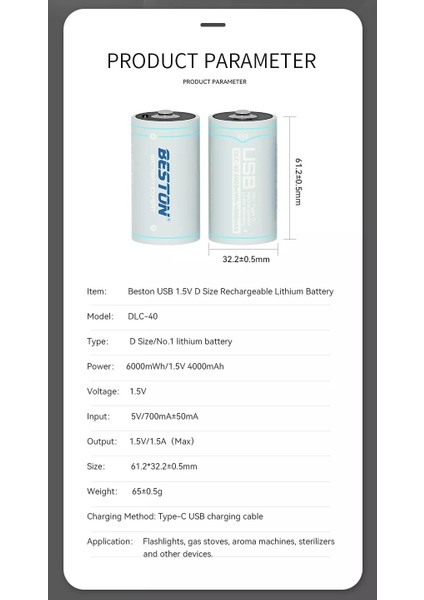 Coverzone Beston 1 Adet USB Kablo Veya Şarj Cihazı ile Şarj Edilebilir Lityum D Tipi Pil 1.5V 6000MWH Yüksek Kapasite USB C Rechargeable Lithium Batarya (D - Dlc-40)