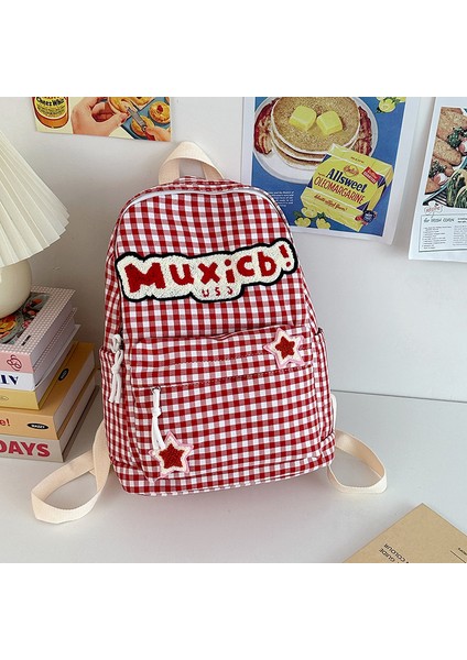 Retro Ekose Sırt Çantası Orman Tarzı Basit Sevimli Girly Amerikan Okul Çantası Çok Yönlü Çanta (Yurt Dışından)