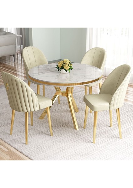 Mos Serisi 90X90 Lak Panel Beyaz Mermer Desen Gold Kaplama Ayaklı Mutfak Masası Takımı ve 4 Sandalye