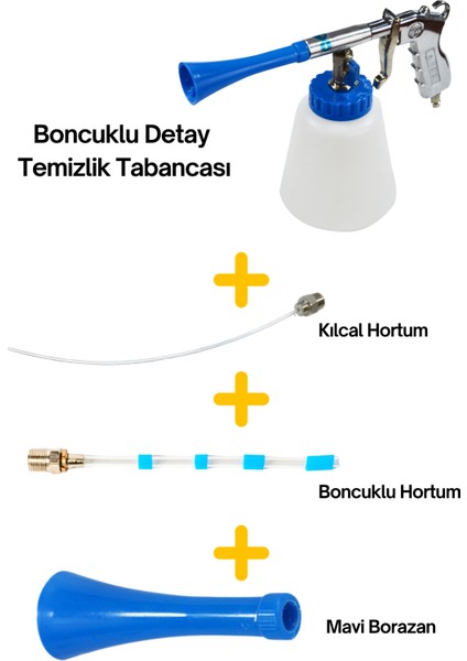 Detay Temizlik Tabancası, Oto Yıkamalar Için Boncuklu Hortum Kılcal Hortum ve Borazan 4 Parça Set