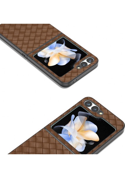 Samsung Galaxy Z Flip6 5g Kılıf Dokuma Doku Deri + Pc Koruyucu Telefon Kapağı-Kahverengi (Yurt Dışından)