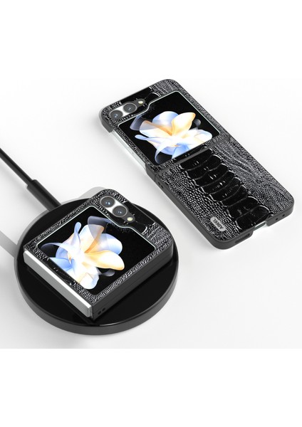 Abeel Samsung Galaxy Z Flip6 5g Kılıf Timsah Dokulu Hakiki Inek Deri Arka Telefon Kapağı-Siyah (Yurt Dışından)