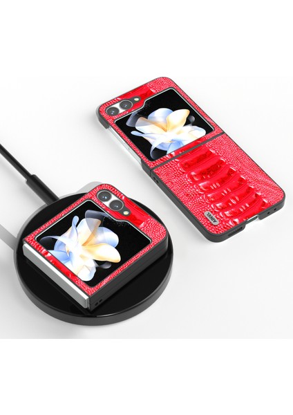 Abeel Samsung Galaxy Z Flip6 5g Kılıf Timsah Dokulu Hakiki Inek Deri Arka Telefon Kapağı-Kırmızı (Yurt Dışından)