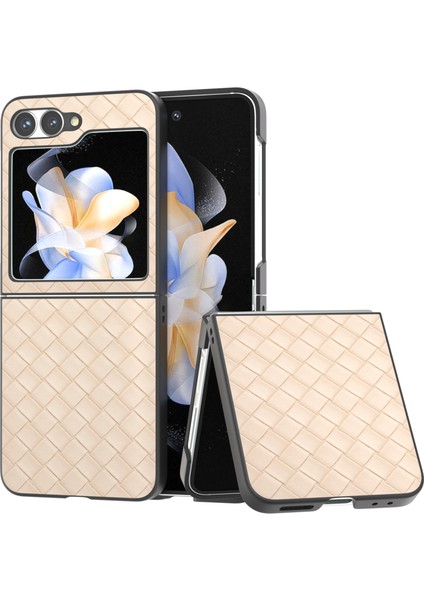Samsung Galaxy Z Flip6 5g Kılıf Dokuma Doku Deri + Pc Koruyucu Telefon Kapağı-Bej (Yurt Dışından)