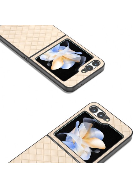Samsung Galaxy Z Flip6 5g Kılıf Dokuma Doku Deri + Pc Koruyucu Telefon Kapağı-Bej (Yurt Dışından)