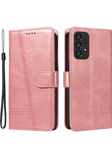 Samsung Galaxy A53 5g Cüzdan Kılıf T Şekilli Çizgili Deri Telefon Kılıfı-Pembe Altın (Yurt Dışından)