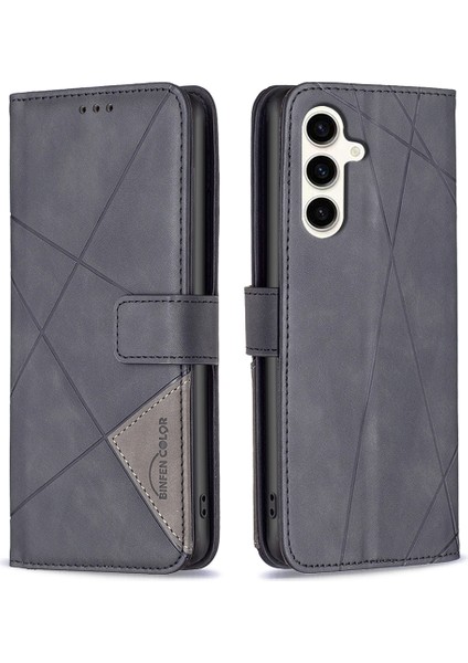 Bınfen Renk Samsung Galaxy S24 Fe Kılıf Darbeye Dayanıklı Geometrik Deri Cüzdan Telefon Kapağı-Siyah (Yurt Dışından)