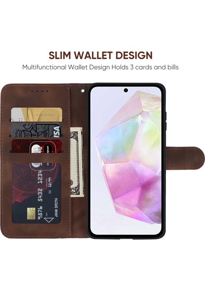 Samsung Galaxy A35 5g Kılıf Deri Skin-Touch Telefon Kapak Hattı Desenli Cüzdan Kart Yuvaları-Kahverengi (Yurt Dışından)