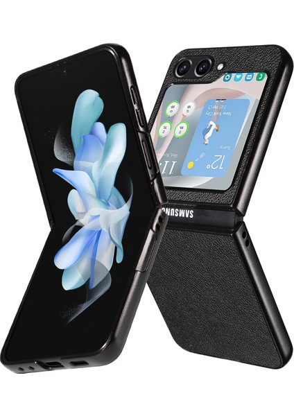 Samsung Galaxy Z Flip6 5g Kılıf Litchi Texture Deri+Sert Pc Telefon Kapağı-Siyah (Yurt Dışından)