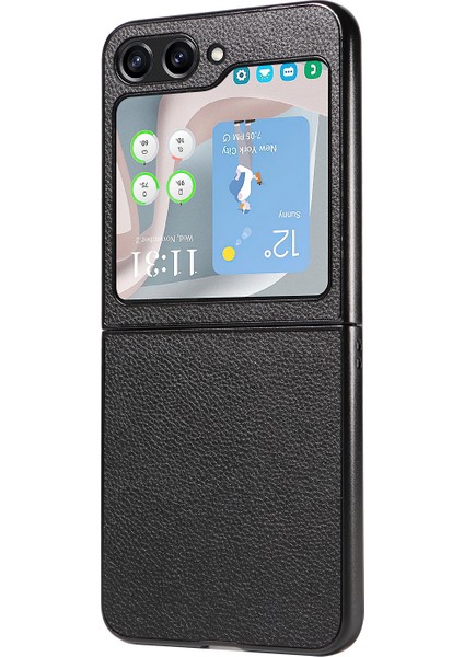 Samsung Galaxy Z Flip6 5g Kılıf Litchi Texture Deri+Sert Pc Telefon Kapağı-Siyah (Yurt Dışından)