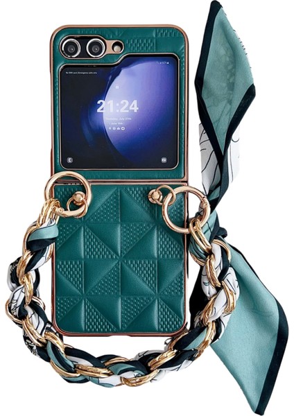 Samsung Galaxy Z Flip6 5g Kılıf Izgara Dokulu Deri+Pc Bileklik Telefon Kapağı-Koyu Yeşil (Yurt Dışından)
