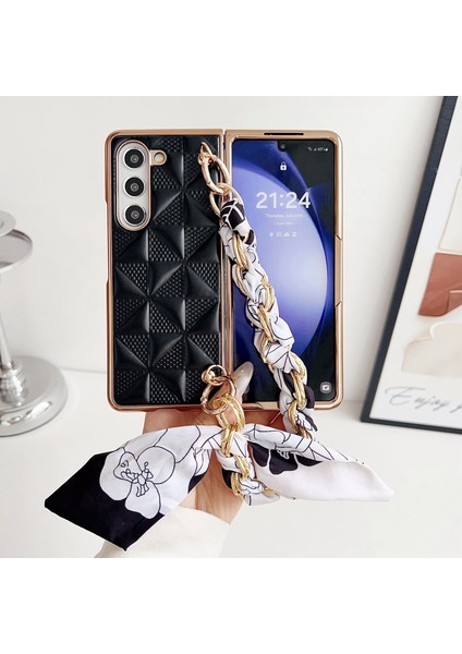 Samsung Galaxy Z Fold6 5g Kılıf Izgara Dokulu Pu+Pc Telefon Kılıfı, Şerit Zincir Askılı-Siyah (Yurt Dışından)