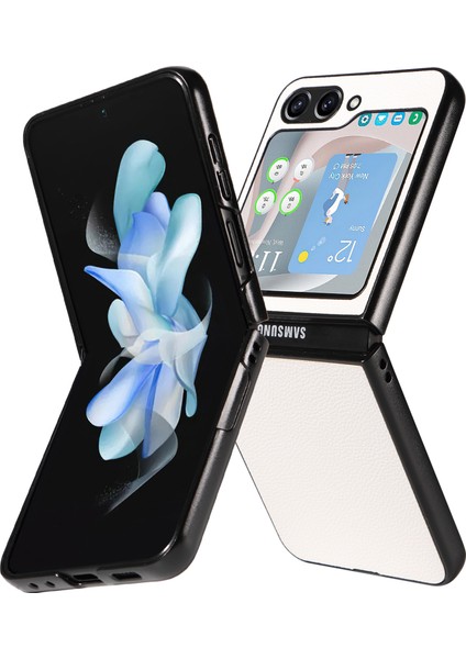 Samsung Galaxy Z Flip6 5g Kılıf Litchi Texture Deri+Sert Pc Telefon Kapağı-Beyaz (Yurt Dışından)