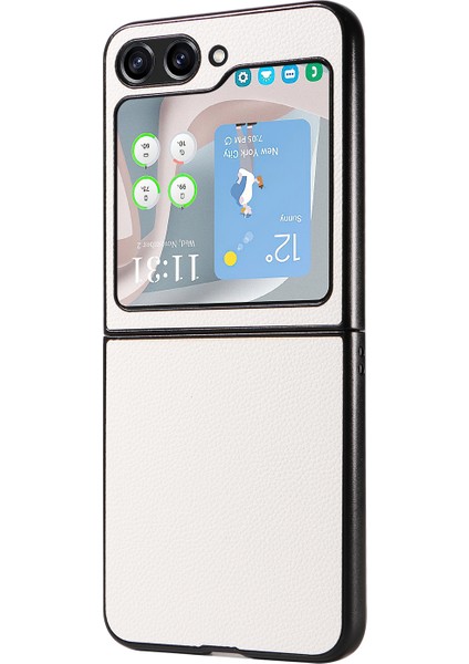 Samsung Galaxy Z Flip6 5g Kılıf Litchi Texture Deri+Sert Pc Telefon Kapağı-Beyaz (Yurt Dışından)