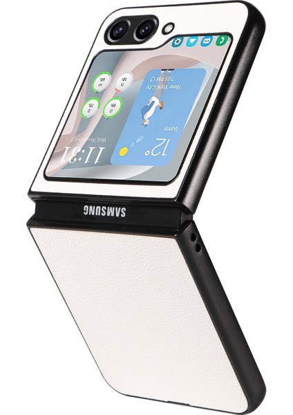 Samsung Galaxy Z Flip6 5g Kılıf Litchi Texture Deri+Sert Pc Telefon Kapağı-Beyaz (Yurt Dışından)