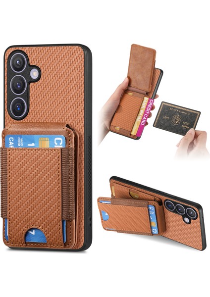 Samsung Galaxy S24+KILIF Karbon Fiber Kickstand Deri Arka Kapak Kart Sahibinin Yuvaları-Kahverengi (Yurt Dışından)
