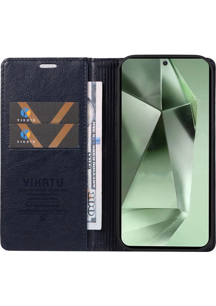 Yıkatu Samsung Galaxy S24 Fe Kılıf Litchi Dokulu Deri Cüzdan Flip Telefon Kapağı-Lacivert (Yurt Dışından)