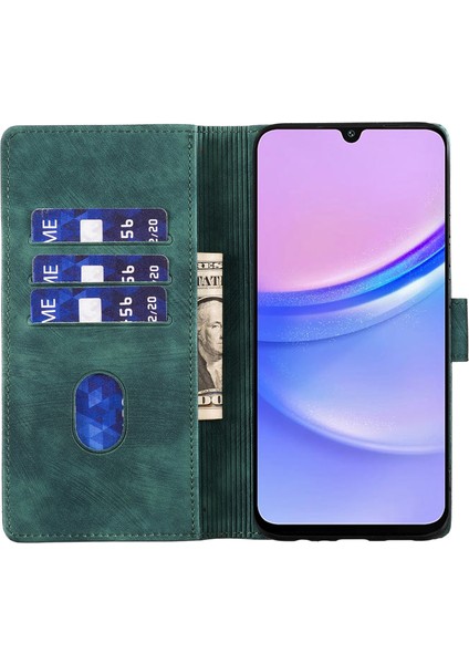 Samsung Galaxy A15 4g/5g Kılıf Pu Deri Tpu Iç Telefon Kapağı Kedi Aşk Kalp Desenli-Yeşil (Yurt Dışından)