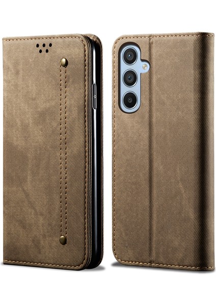 Samsung Galaxy M15 5g Kılıf Kot Kumaş Doku Deri Cüzdan Telefon Kılıfı-Haki (Yurt Dışından)