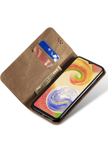 Samsung Galaxy M15 5g Kılıf Kot Kumaş Doku Deri Cüzdan Telefon Kılıfı-Haki (Yurt Dışından)