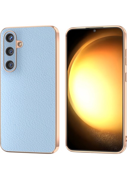 Samsung Galaxy S24 Elektro Kaplama Kılıfları Hakiki Inek Derisi+Tpu+Pc Telefon Kapağı-Mavi (Yurt Dışından)