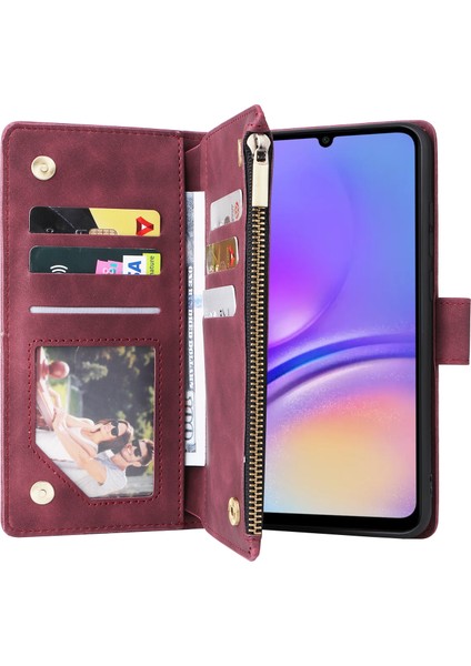 Samsung Galaxy A05 4g Kılıf Için Çoklu Kart Yuvaları Anti-Düşme Fermuar Cep Deri Telefon Kapağı-Şarap Kırmızı (Yurt Dışından)