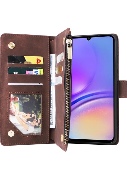 Samsung Galaxy A05 4g Kılıf Için Çoklu Kart Yuvaları Anti-Düşme Fermuar Cep Deri Telefon Kapağı-Kahve (Yurt Dışından)