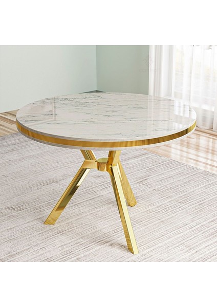 Mos Serisi 90X90 Lak Panel Beyaz Mermer Desen Gold Kaplama Ayaklı Mutfak Masası