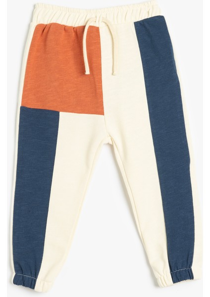 Jogger Eşofman Altı Beli Bağlamalı Renk Bloklu Pamuklu Şardonlu