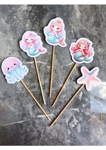 Hiras Dizayn 15ADET Denizkızı Mermaid Sualtı Cupcake Doğum Günü Süsü Pasta Kürdanı  6-7cm Cupcake Pasta