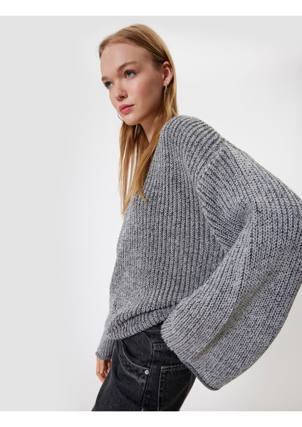 Triko Kazak Geniş Uzun Kollu Bisiklet Yaka Dokulu