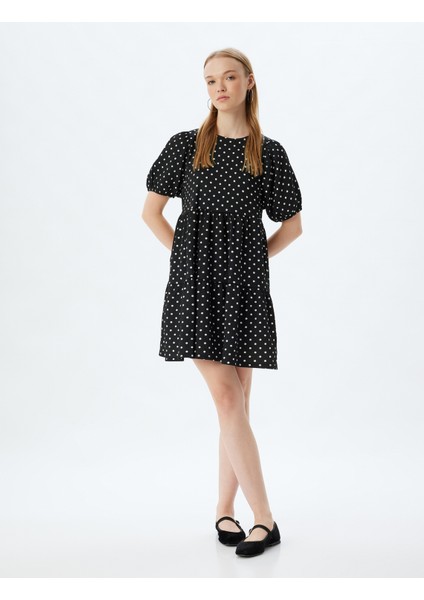 Balon Kol Elbise Mini Puantiyeli Katlı Bisiklet Yaka