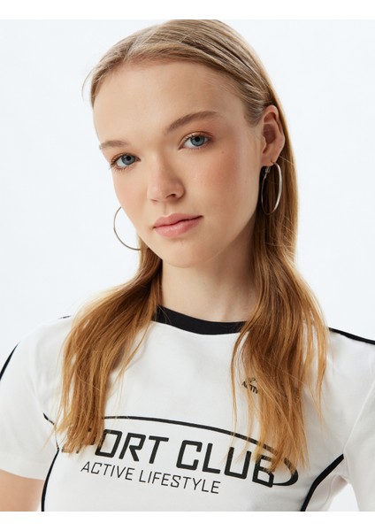 Crop T-Shirt Slogan Baskılı Biyeli Bisiklet Yaka Kısa Kollu Pamuklu Slim Fit