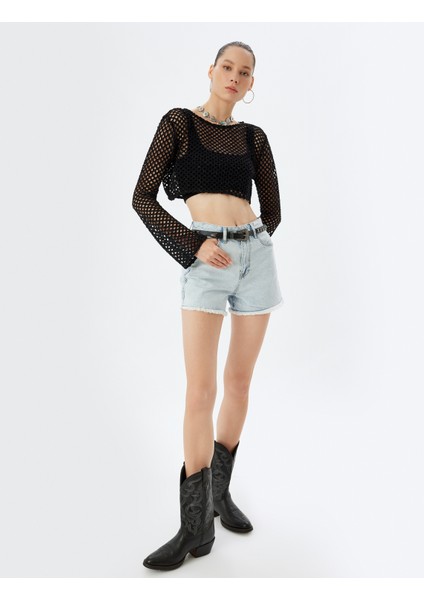 Crop Ajurlu Örme T-Shirt Uzun Kollu Bisiklet Yaka Sim Görünümlü fiyatları